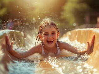 Wall Mural - Child on a water slide in the sun.