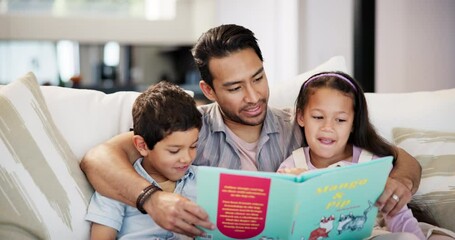 Wall Mural - Family, reading and children with dad on sofa in living room of home together for learning or literature. Education, storytelling book or child development with father, boy and girl kids in apartment