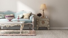 Classic Pastel Turquoise Blue Victorian Sofa, Coffee Table, Cabinet On Rug, Carpet Floor, In Sunlight On Beige Wall Room For Interior Furniture Design Decoration 3D