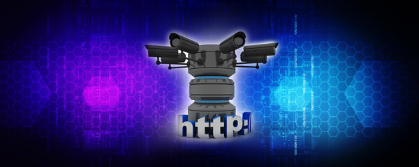 Poster - 3d rendering https WWW sign with database under cctv camera