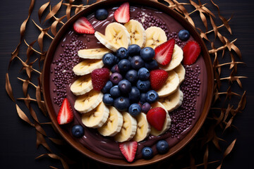 Wall Mural - Fresh fruit platter with chocolate on wooden background. Healthy food and lifestyle.