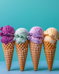 Poster - Five ice cream cones in a row on a blue background. Generative AI.