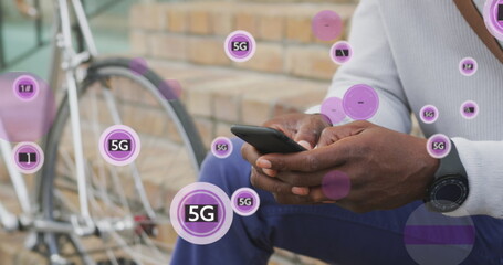 Poster - Image of 5g texts over african american man using smartphone