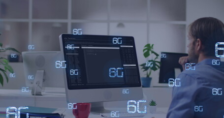 Poster - Image of 6g texts over caucasian man using computer