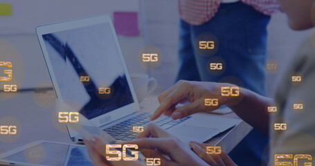 Poster - Image of 5g texts over caucasian woman using laptop