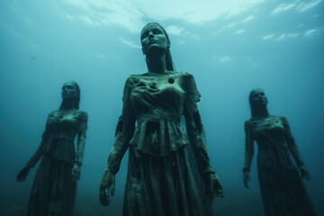 Wall Mural - Underwater statues of women representing marine conservation and artificial reefs. Environmental art.