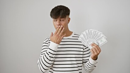 Canvas Print - Young hispanic guy, hand covering mouth, shocked by wads of dollar banknotes! afraid, surprised face, fear in eyes over isolated white background