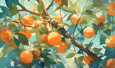 Watercolor, orange grove with lots of oranges growing on the trees , Generative AI