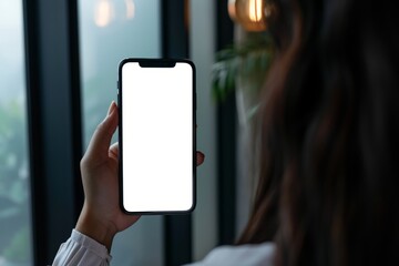 Mockup image of a woman holding smart phone with isolated white screen in cafe