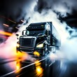 Drifting truck on dark background with smoke. Truck in motion. Truck in smoke. Generative AI
