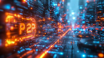 Poster - futuristic digital cityscape with glowing orange p2p sign, vibrant cyberpunk colors reflecting off h