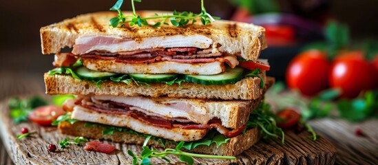 Poster - Chicken breast, bacon, tomato, cucumber, and herbs in a club sandwich.