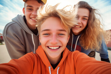 Young people in smiling selfie, youth friendship