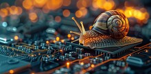 Snail on a motherboard, the concept of slow internet or technological progress.