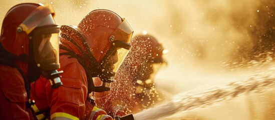 Wall Mural - In an emergency, firefighters, dressed in protective gear, use water and extinguishers to fight fire.