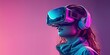 Futuristic virtual reality experience with young woman immersed in digital innovation wearing VR headset and glasses. Modern entertainment technology blends with neon light and cyberspace concept