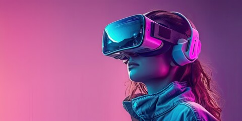 Futuristic virtual reality experience with young woman immersed in digital innovation wearing VR headset and glasses. Modern entertainment technology blends with neon light and cyberspace concept