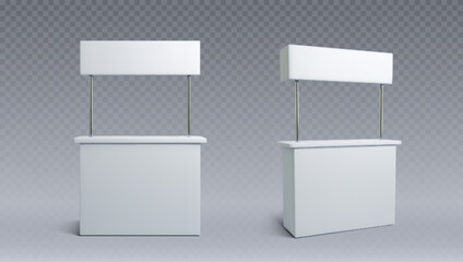 Trade fair booth templates isolated on transparent background. Vector realistic illustration of 3D white stand, blank banner design for branding, business exhibition stall for product presentation