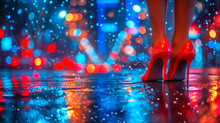 Red high heels on a wet surface with blue and red bokeh lights reflecting, giving a festive and glamorous vibe