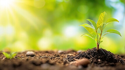 Canvas Print - New life sprouts from green seedling in nature. Green environment earth day concept on a green bokeh background.