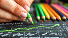 Close-up Of A Hand Holding A Green Pencil Over A Chalkboard With A Rising Graph, Symbolizing Growth