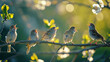 © Keitma - Flock of birds are singing happily on the branches of a tree with spring flower blossoms and sun light , spring season background