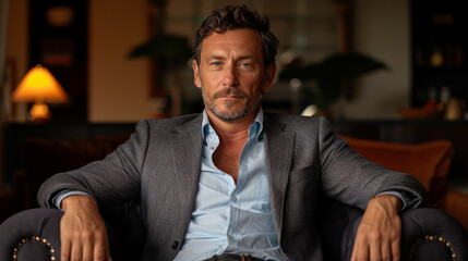 Single man sitting alone on his sofa at home looking at camera like if he is watching a screen or television at night , single male or divorced guy concept image