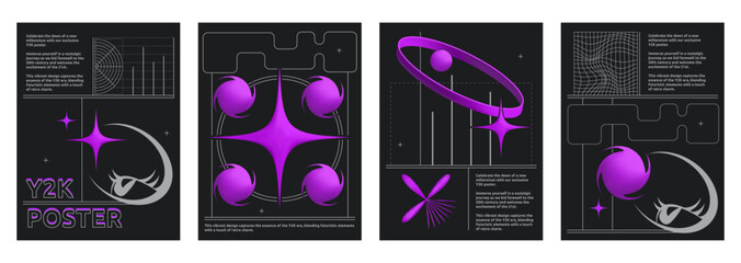 Poster - Retro futuristic style banners set with abstract design elements. Vector illustration of retrowave art aesthetic posters, purple signs and text on black background, y2k vibe, nostalgic flyer templates