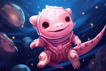 Wall Mural - 
Illustration of a tiny pink axolotl astronaut floating in space with stars and a planet in the background, in a comic book style