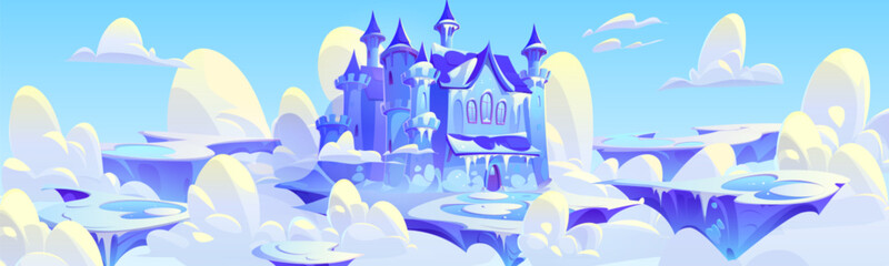 Frozen fairytale castle on floating island. Vector cartoon illustration of medieval fortress with towers covered with ice, snow, icicles, winter land flying in cold cloudy sky, adventure game ui