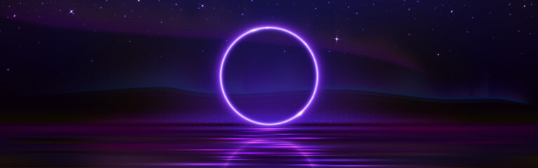 Wall Mural - circle frame on dark water and night sky background. vector realistic illustration of neon ring refl