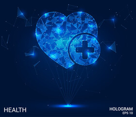 The hologram is the heart of medicine. The heart consists of polygons, triangles of points and lines. The sign of the heart of medicine is a low-poly compound structure. Technology concept vector.