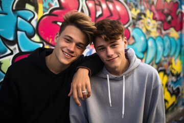 Wall Mural - 
Photo of two 18-year-old European boys, exchanging shy smiles while leaning on a colorful graffiti wall teenage first crush