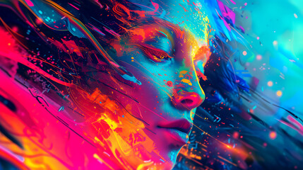 Woman with closed eyes covered with colorful splashes of paint. Ai generated.