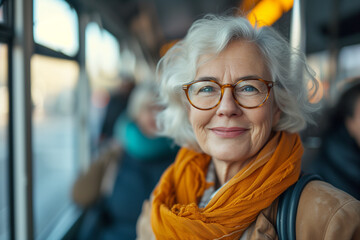 Portrait of a happy senior woman traveling by bus taking public transportation to reduce air pollution.