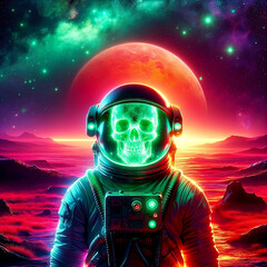 cosmic skull astronaut with radiant sun - surreal sci-fi art
