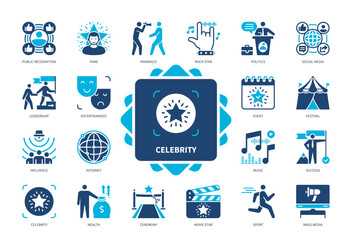 Celebrity icon set. Public Recognition, Paparazzi, Music, Mass Media, Movie Star, Fame, Ceremony, Internet. Duotone color solid icons