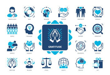 Gratitude icon set. Thankfulness, Hospitality, Humanity, Empathy, Idea, Goodness, Positive, Religion. Duotone color solid icons