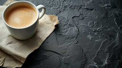 Wall Mural - Classes and newspaper and cup of coffee on black stone background