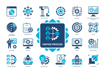 Unified Process icon set. Software, Inception, Framework, Elaboration, Requirements, Construction, Project, Transition. Duotone color solid icons