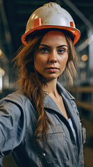 A portrait of young beautiful engineer woman working in factory building.