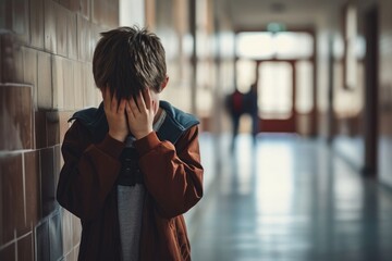 Upset boy covered his face with hands standing alone in school corridor. Learning difficulties, emotions, bullying in school, Generative AI 