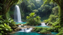 Cascading Waterfall Surrounded By Lush Greenery In A Hidden Paradise