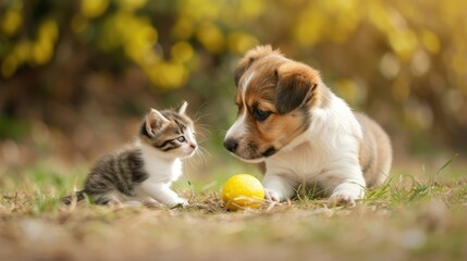 Sticker - A puppy is playing ball with a kitten.