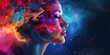 beautiful fantasy abstract portrait of a woman face with colorful paint space nebula, closeup of eyes
