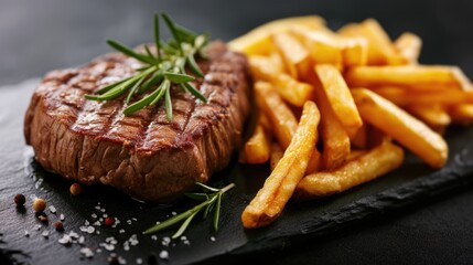 Poster - tasty grilled organic beef steak with french fries