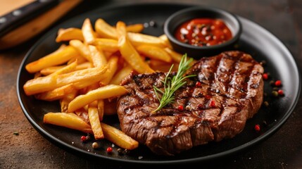 Poster - tasty grilled organic beef steak with french fries
