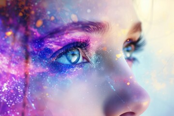 Wall Mural - beautiful fantasy abstract portrait of a woman face with colorful paint space nebula, closeup of eye