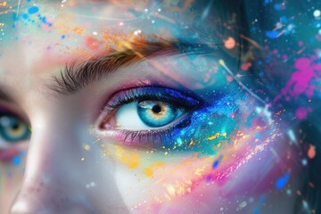 Wall Mural - beautiful fantasy abstract portrait of a woman face with colorful paint space nebula, closeup of eye
