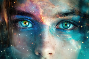 Wall Mural - beautiful fantasy abstract portrait of a woman face with colorful paint space nebula, closeup of eye